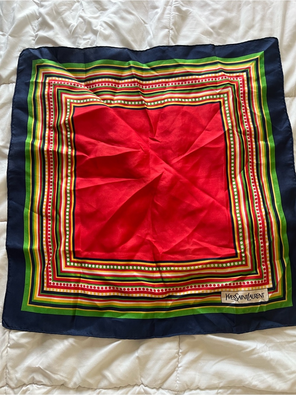 Yves Saint Laurent Red, Navy & Green Silk Square Scarf